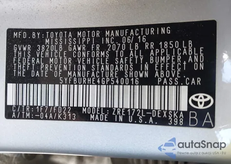 2016 Toyota Corolla S Plus z USA, uszkodzony, nr VIN 5YFBURHE4GP540016